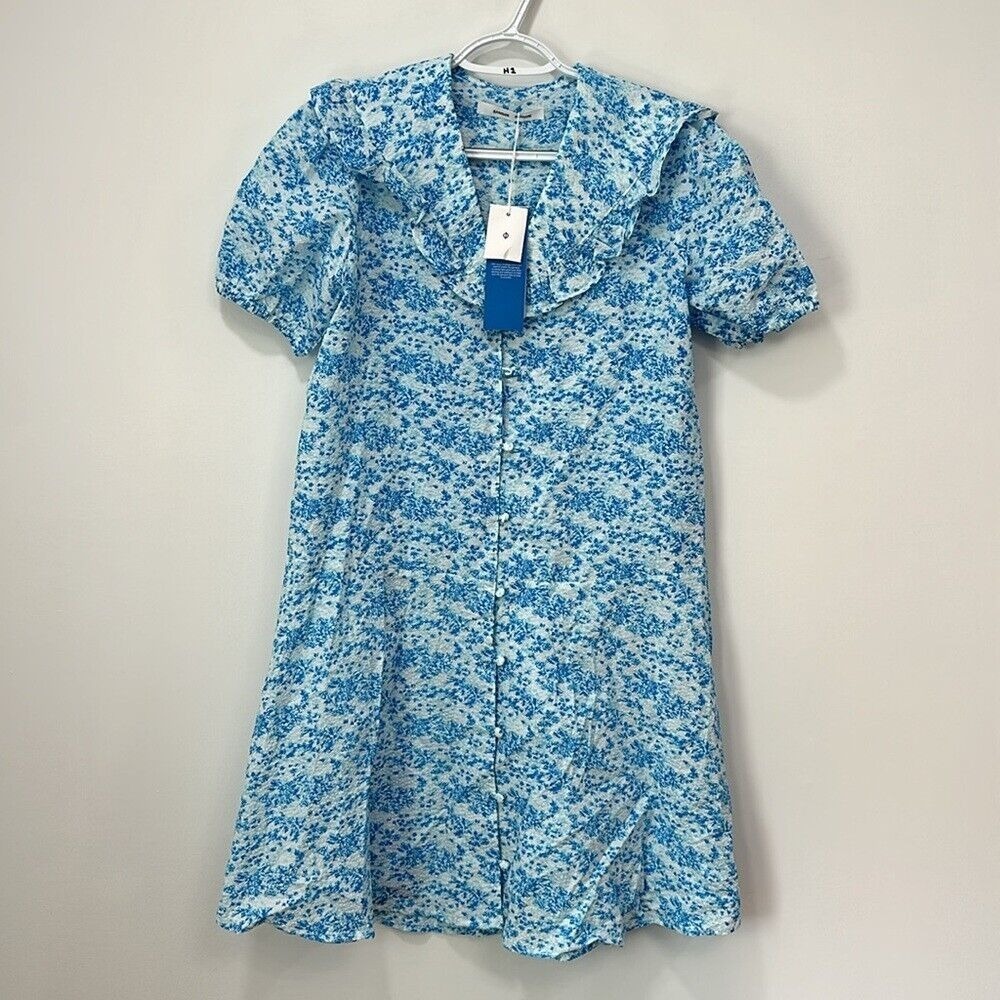 Samsoe Womens Jytta Short Dress XXS Blue Floral Cottage Ruffle Collar Cotton NEW